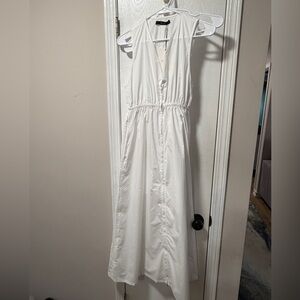 Deluc White Sleeveless Midi Dress with Gathered Waist, double zipper NWT